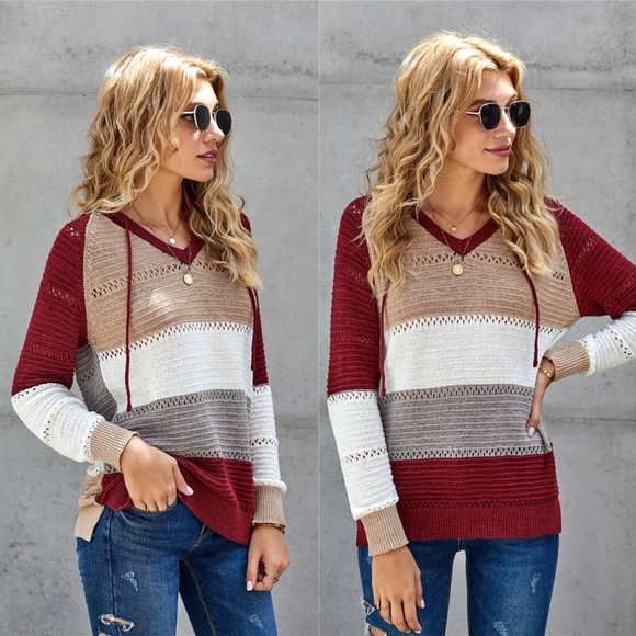 IN STOCK Color Block Knit Pullover Hoodie - RED - Picture 4 of 6